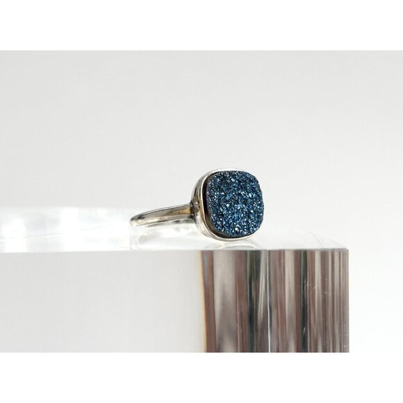 Blue Druzy Quartz Gemstone Oval Bezel Set Sterling Silver Vintage Ring - sz 10 - Picture 2 of 10
